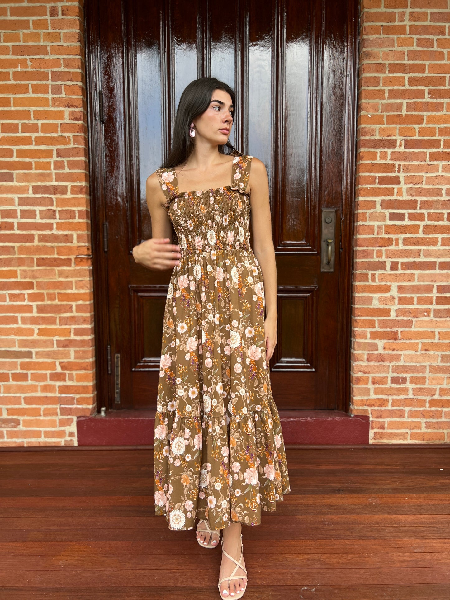 Emma Bow Maxi Dress | Brown Chinoiserie