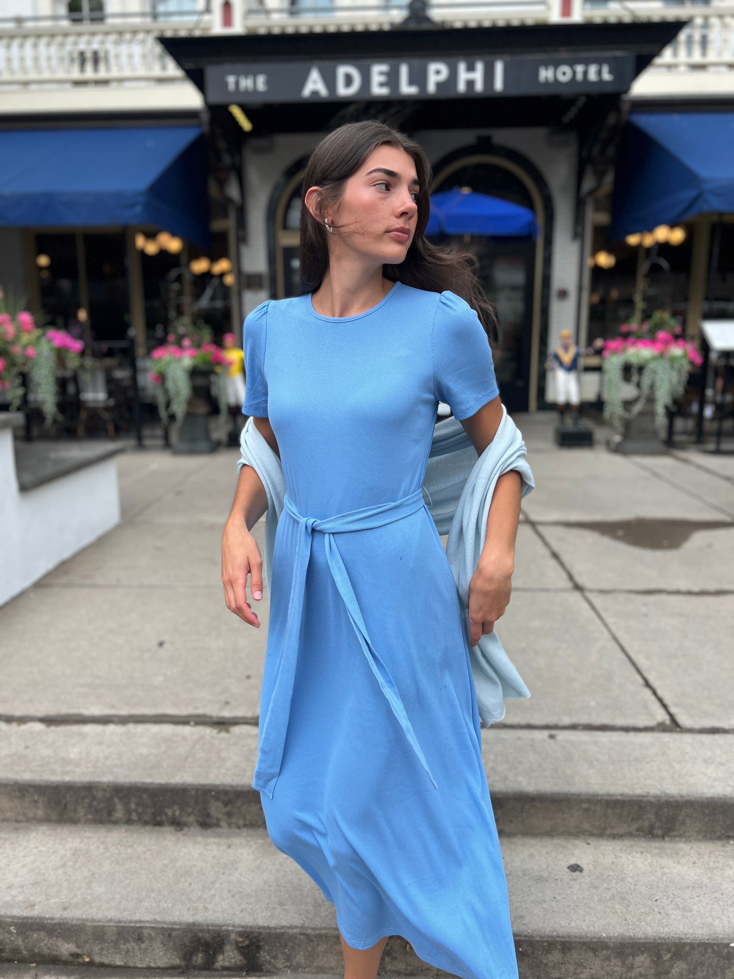 (PRE-ORDER) Puff Sleeve Tee Shirt Dress - Blue Cotton Rib