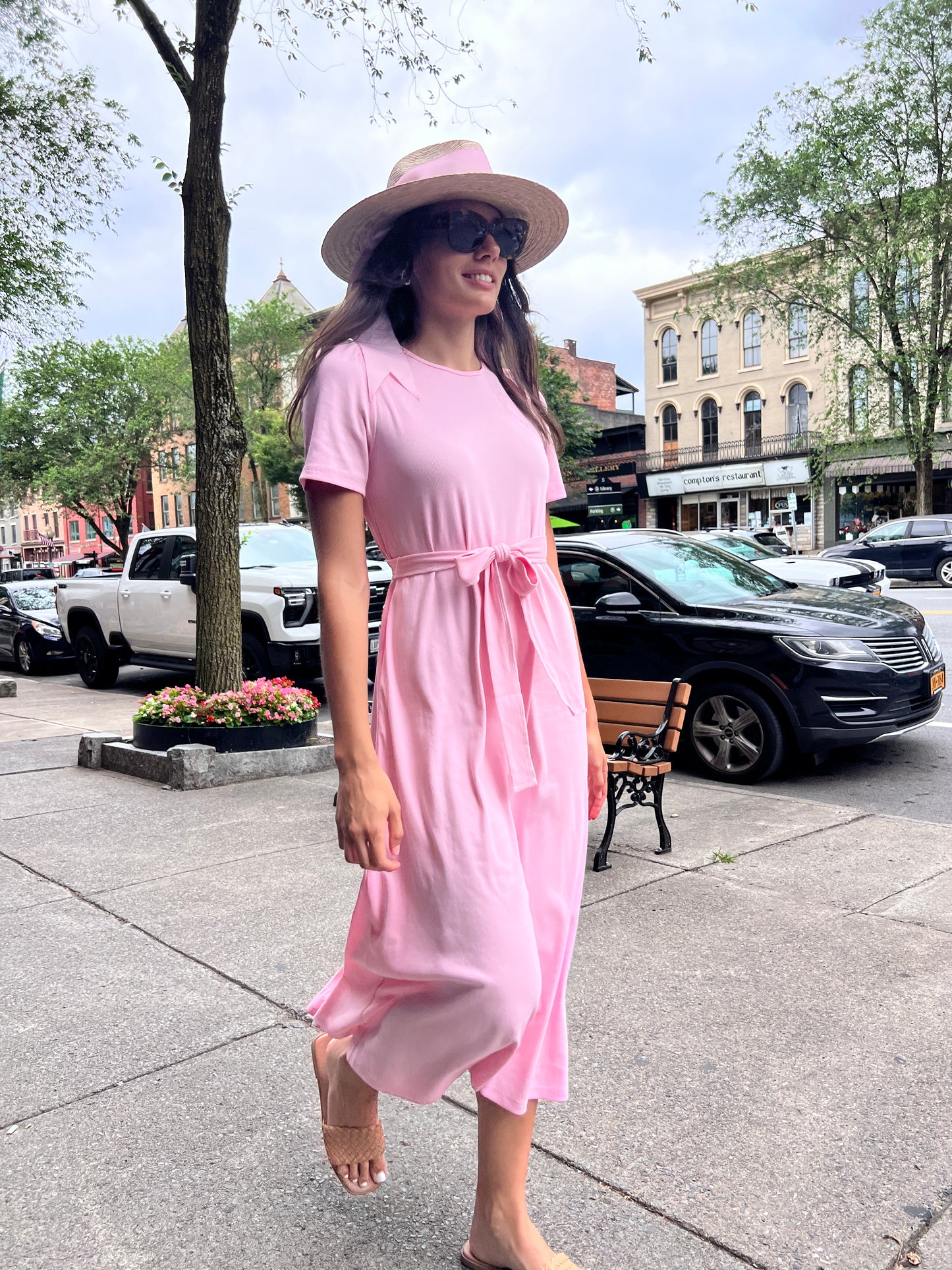 Puff Sleeve Tee Shirt Dress | Pink Cotton Rib