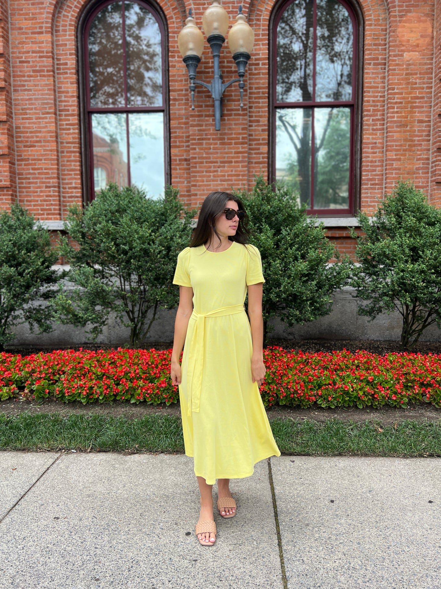 Puff Sleeve Tee Shirt Dress - Yellow Cotton Rib