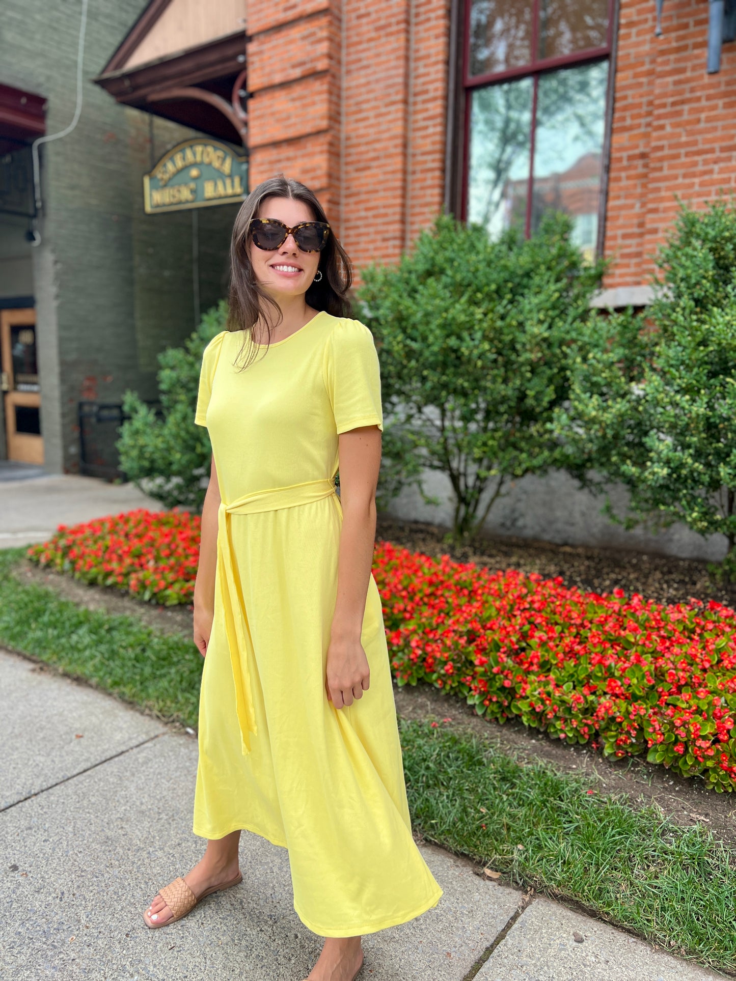 Puff Sleeve Tee Shirt Dress - Yellow Cotton Rib
