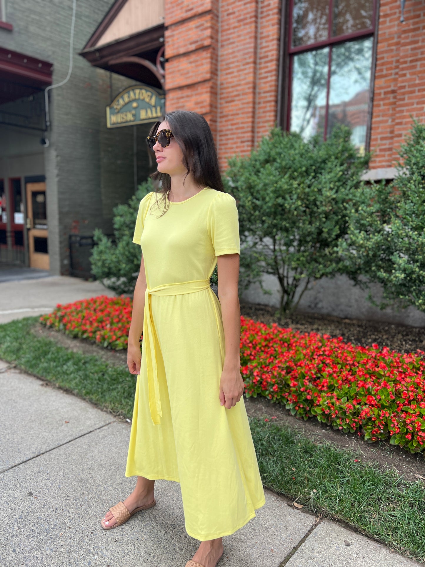 Puff Sleeve Tee Shirt Dress - Yellow Cotton Rib