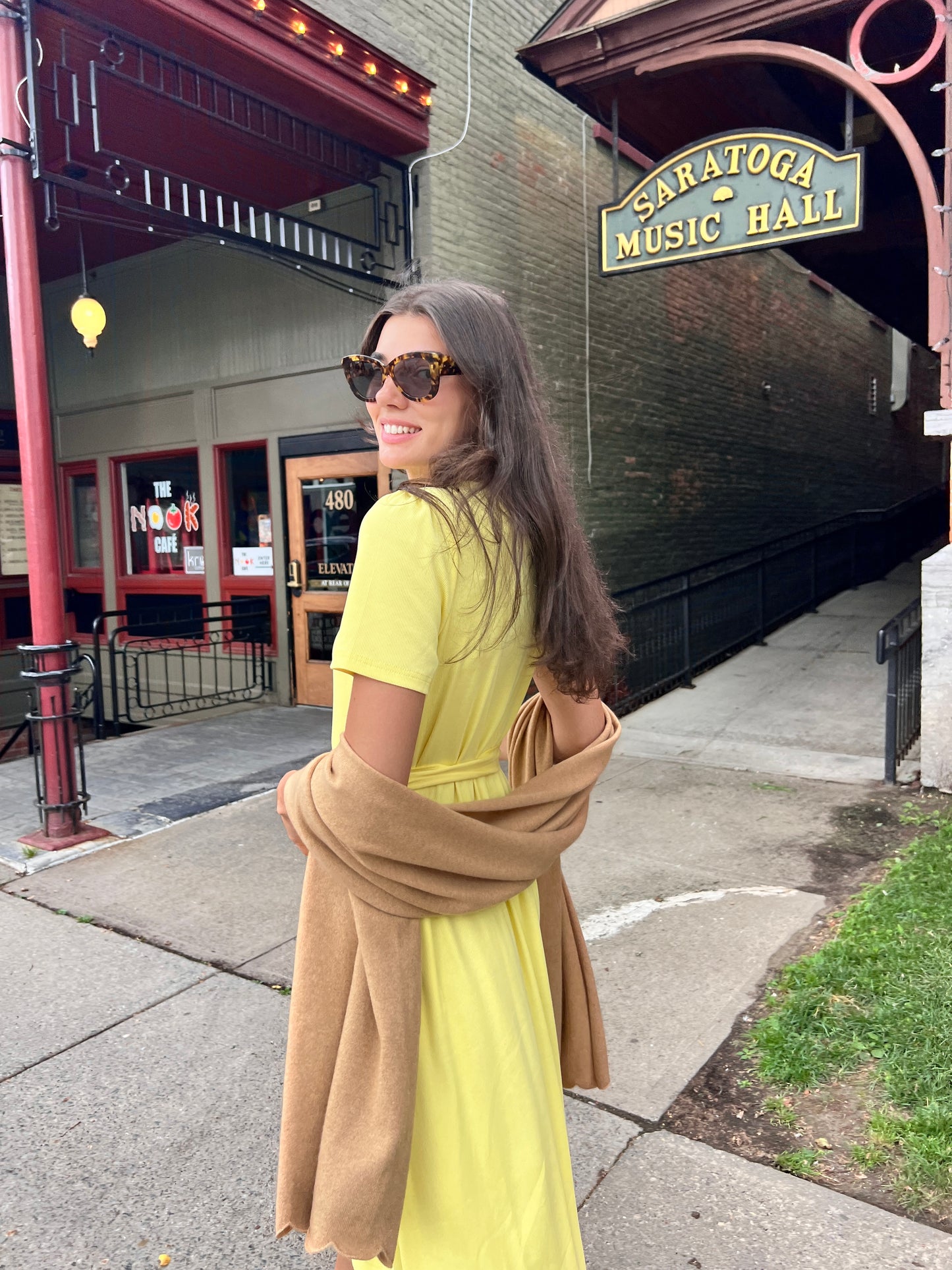Puff Sleeve Tee Shirt Dress - Yellow Cotton Rib