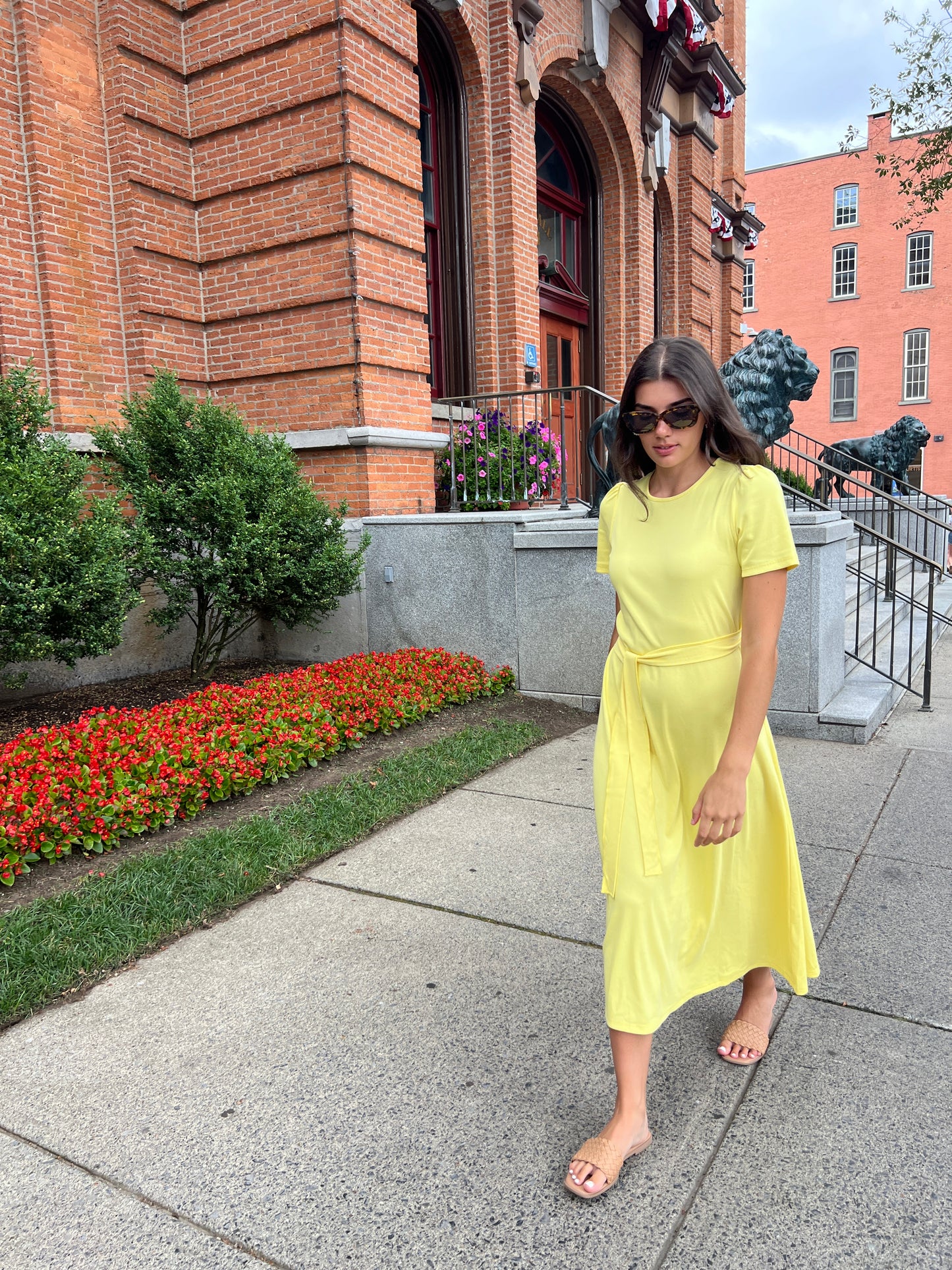Puff Sleeve Tee Shirt Dress - Yellow Cotton Rib