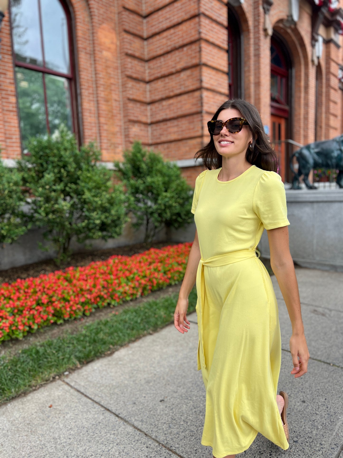 Puff Sleeve Tee Shirt Dress - Yellow Cotton Rib