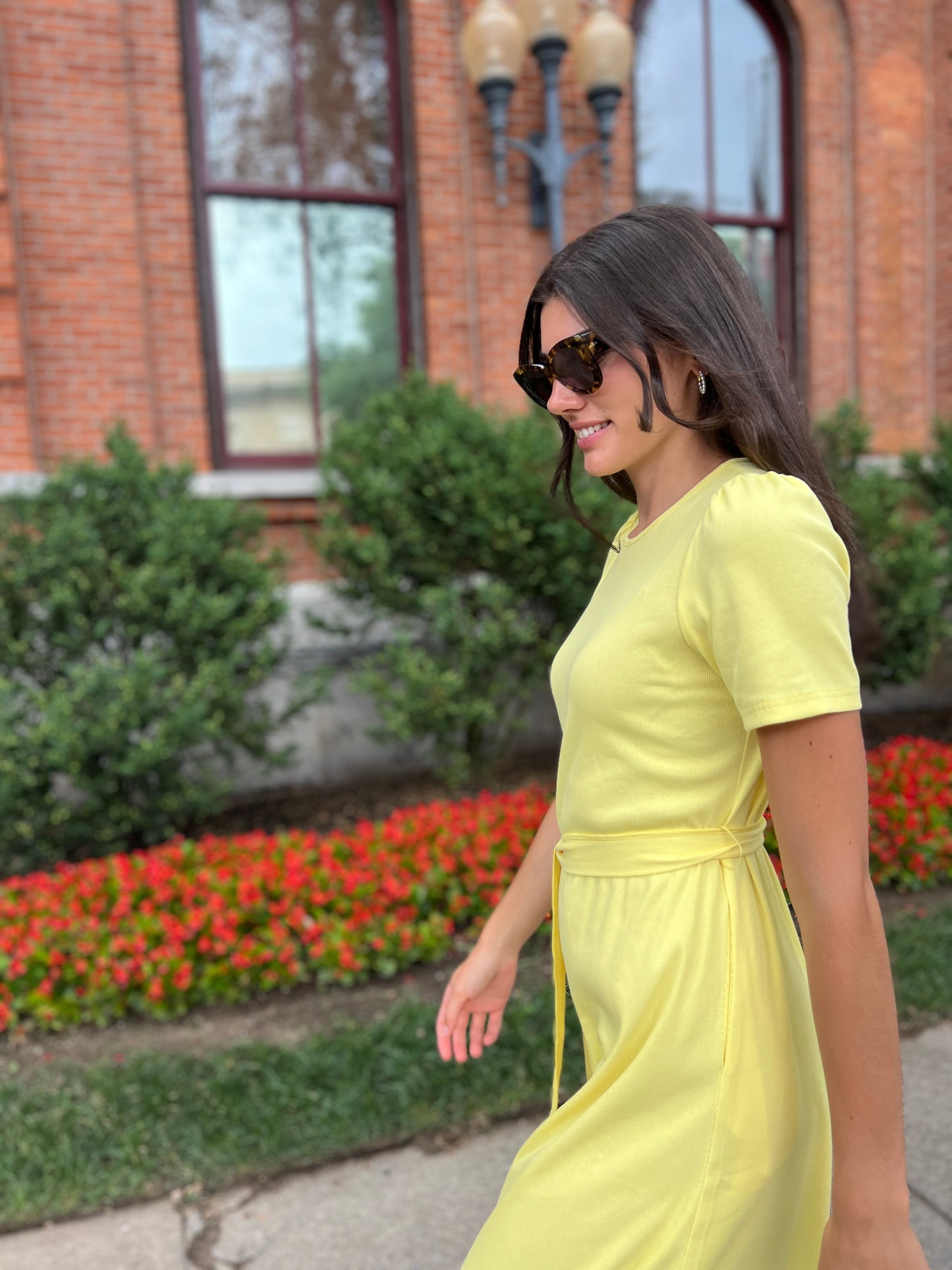Puff Sleeve Tee Shirt Dress - Yellow Cotton Rib