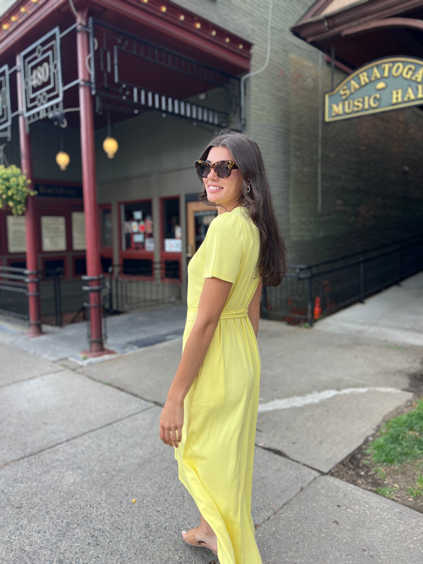Puff Sleeve Tee Shirt Dress - Yellow Cotton Rib