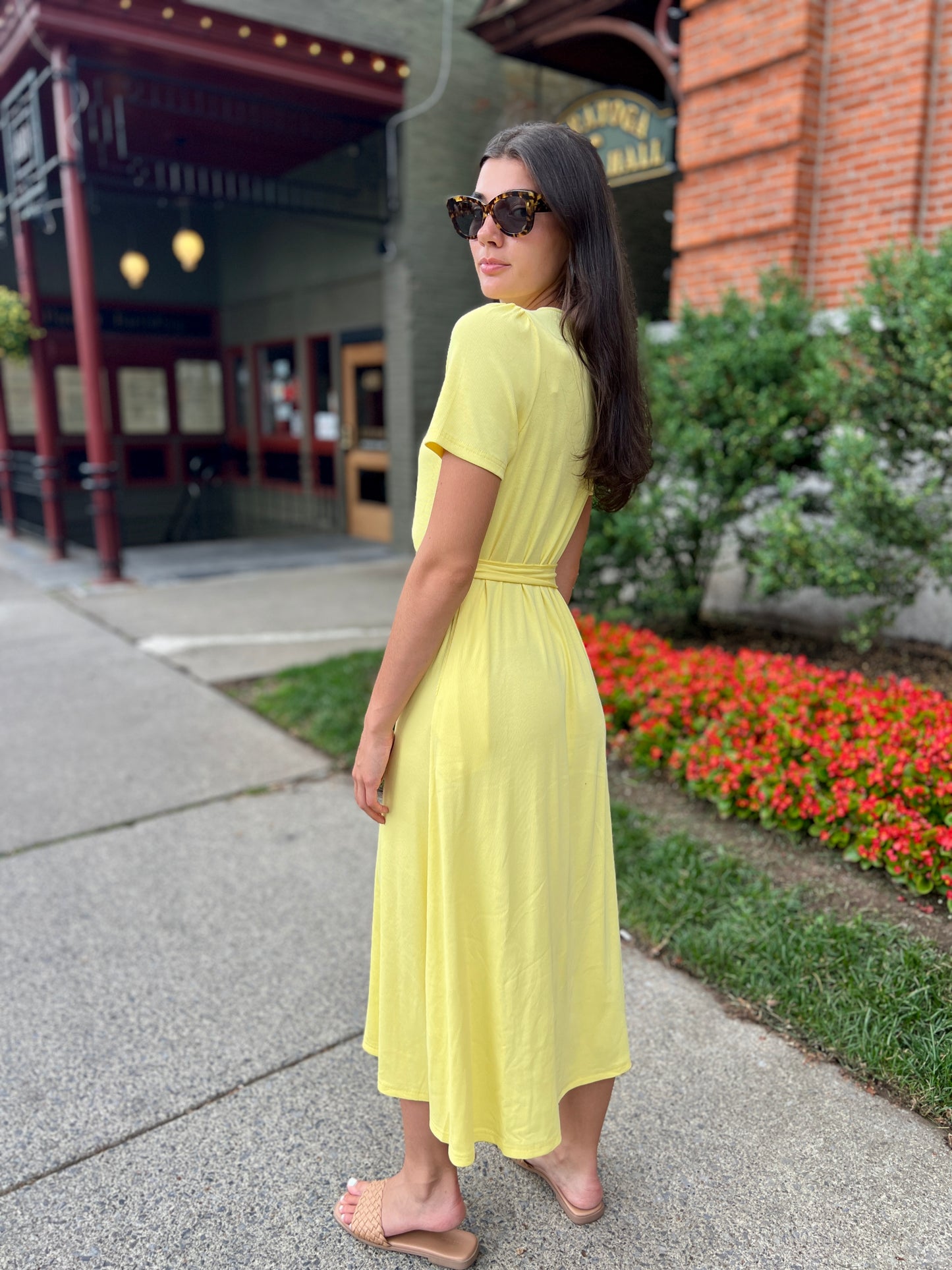 Puff Sleeve Tee Shirt Dress - Yellow Cotton Rib