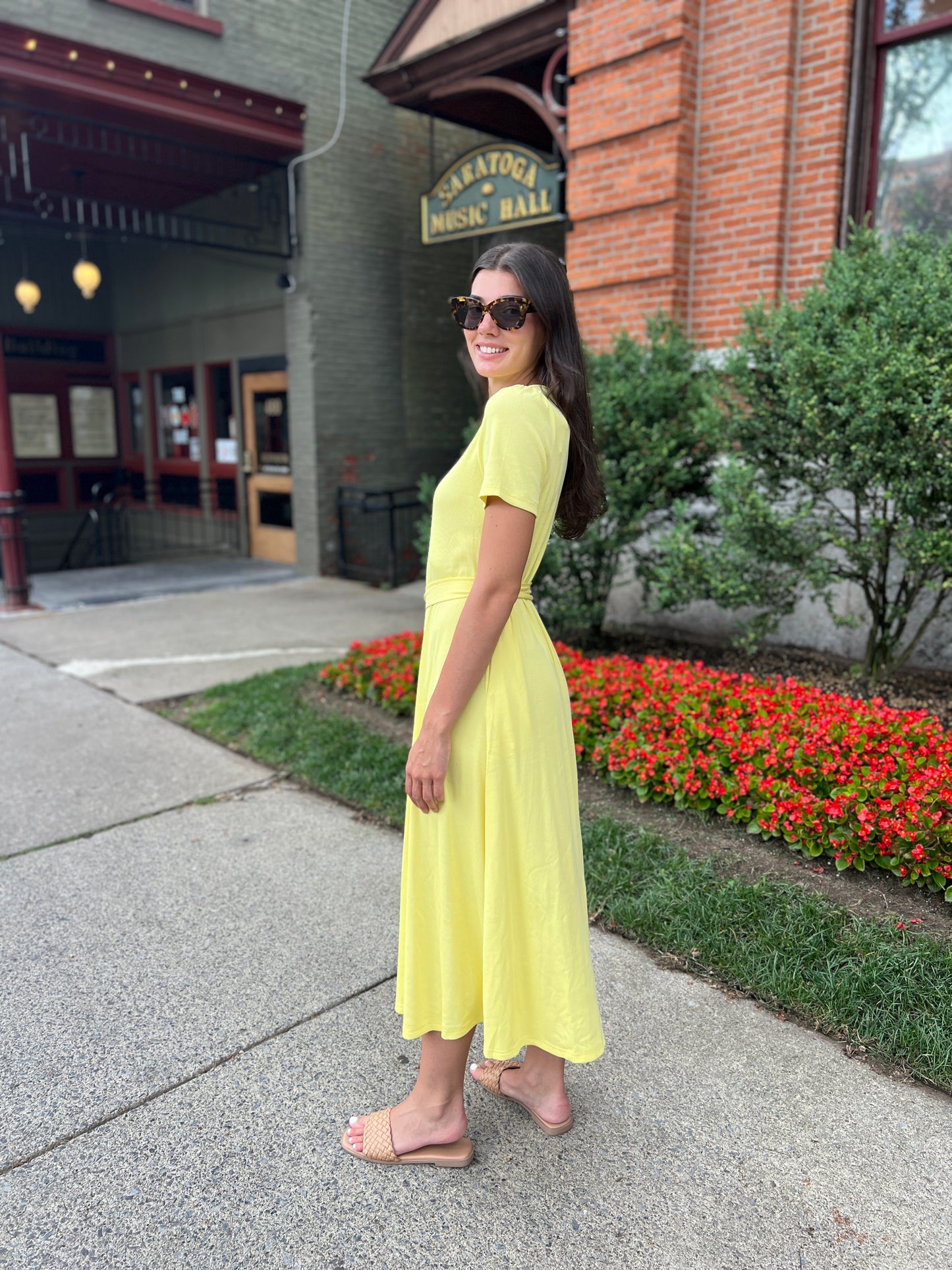 Puff Sleeve Tee Shirt Dress - Yellow Cotton Rib