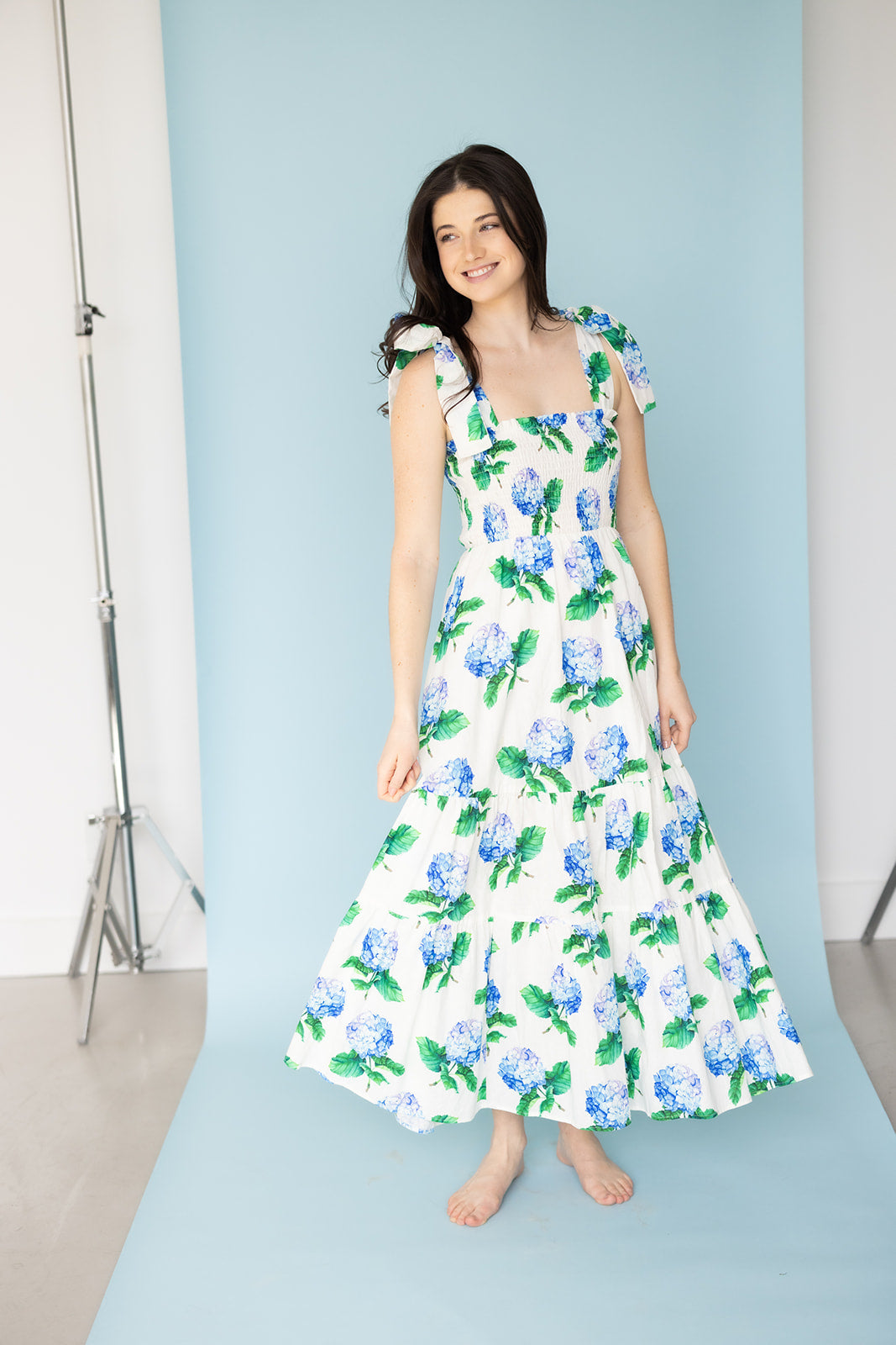 Emma Bow Maxi Dress | Bright Blue Hydrangeas