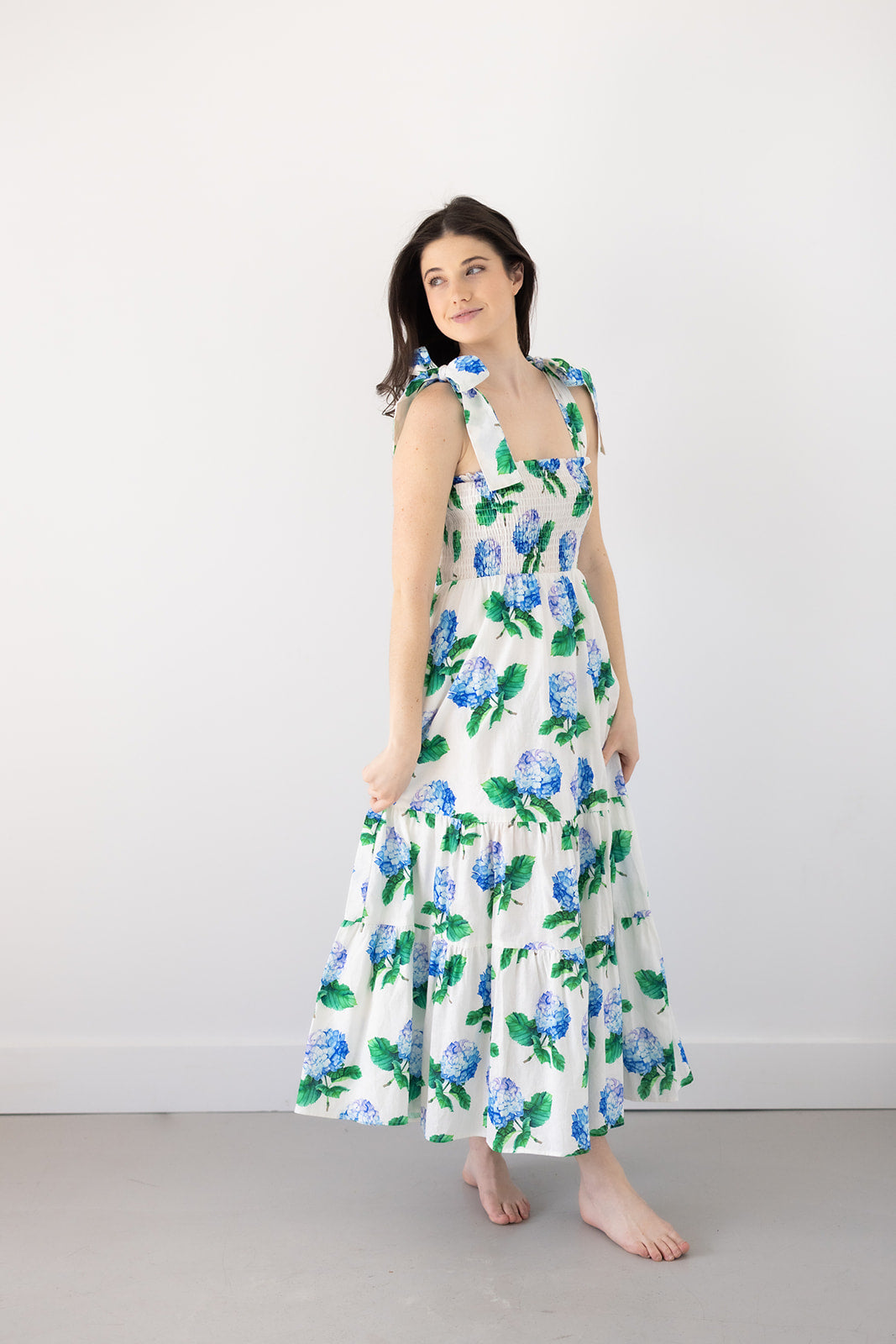 Emma Bow Maxi Dress | Bright Blue Hydrangeas