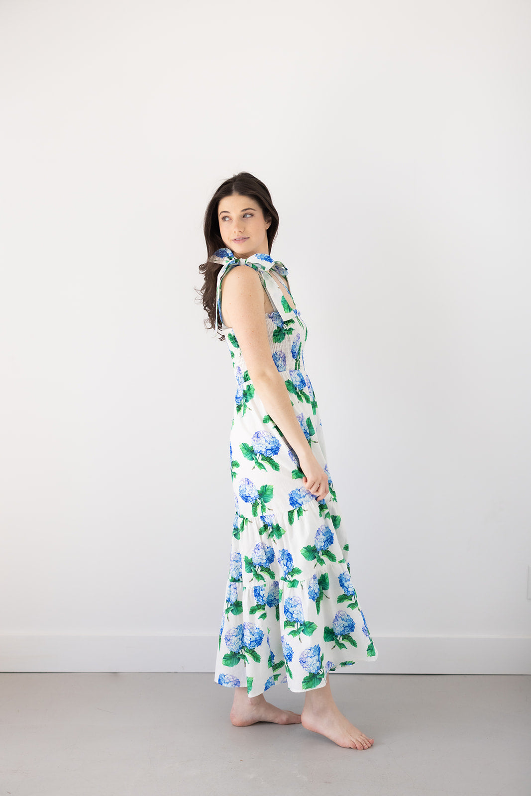 Emma Bow Maxi Dress | Bright Blue Hydrangeas