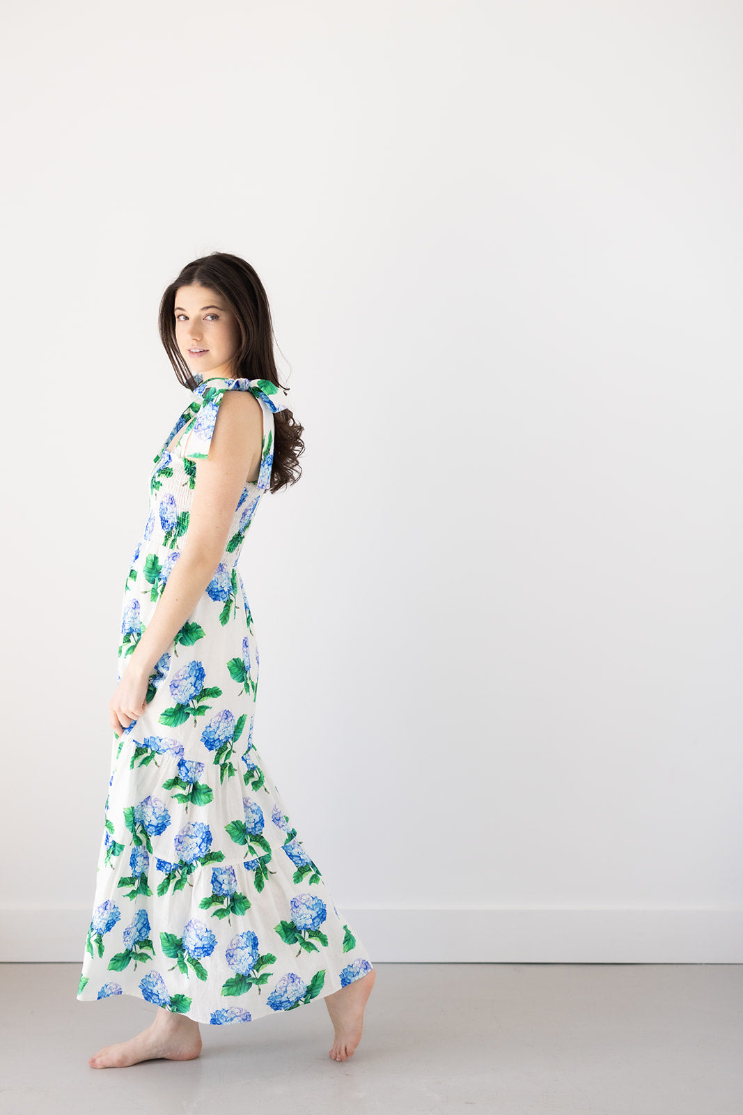 Emma Bow Maxi Dress | Bright Blue Hydrangeas