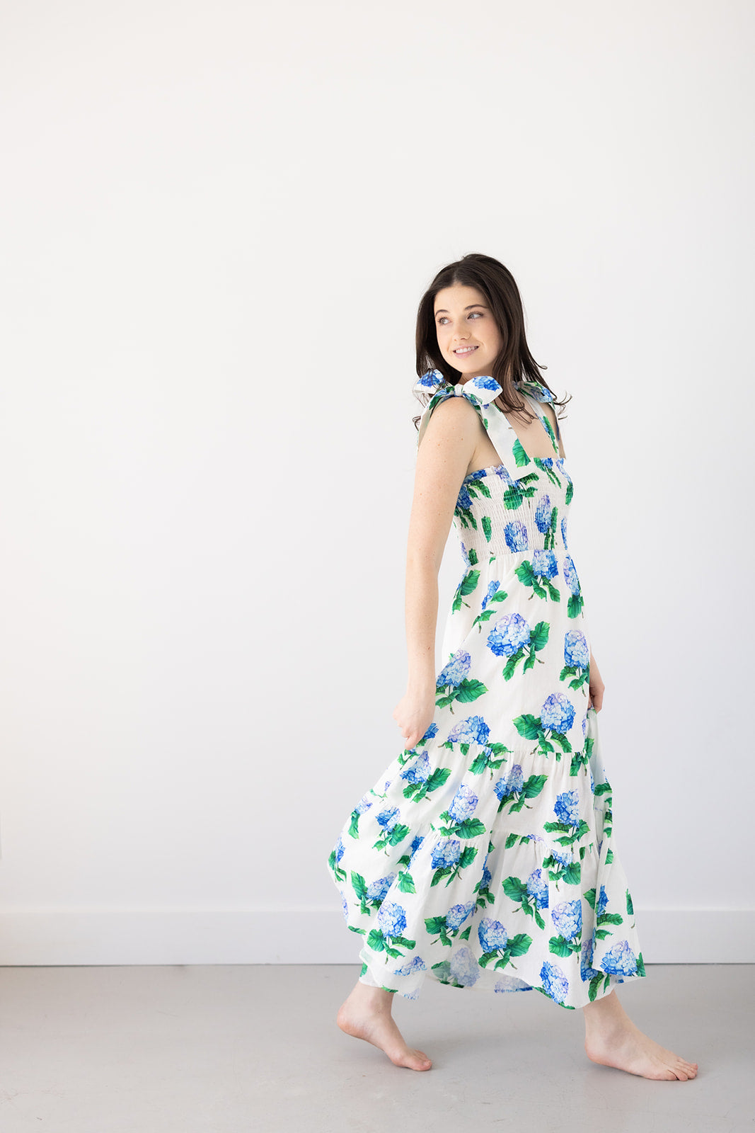 Emma Bow Maxi Dress | Bright Blue Hydrangeas
