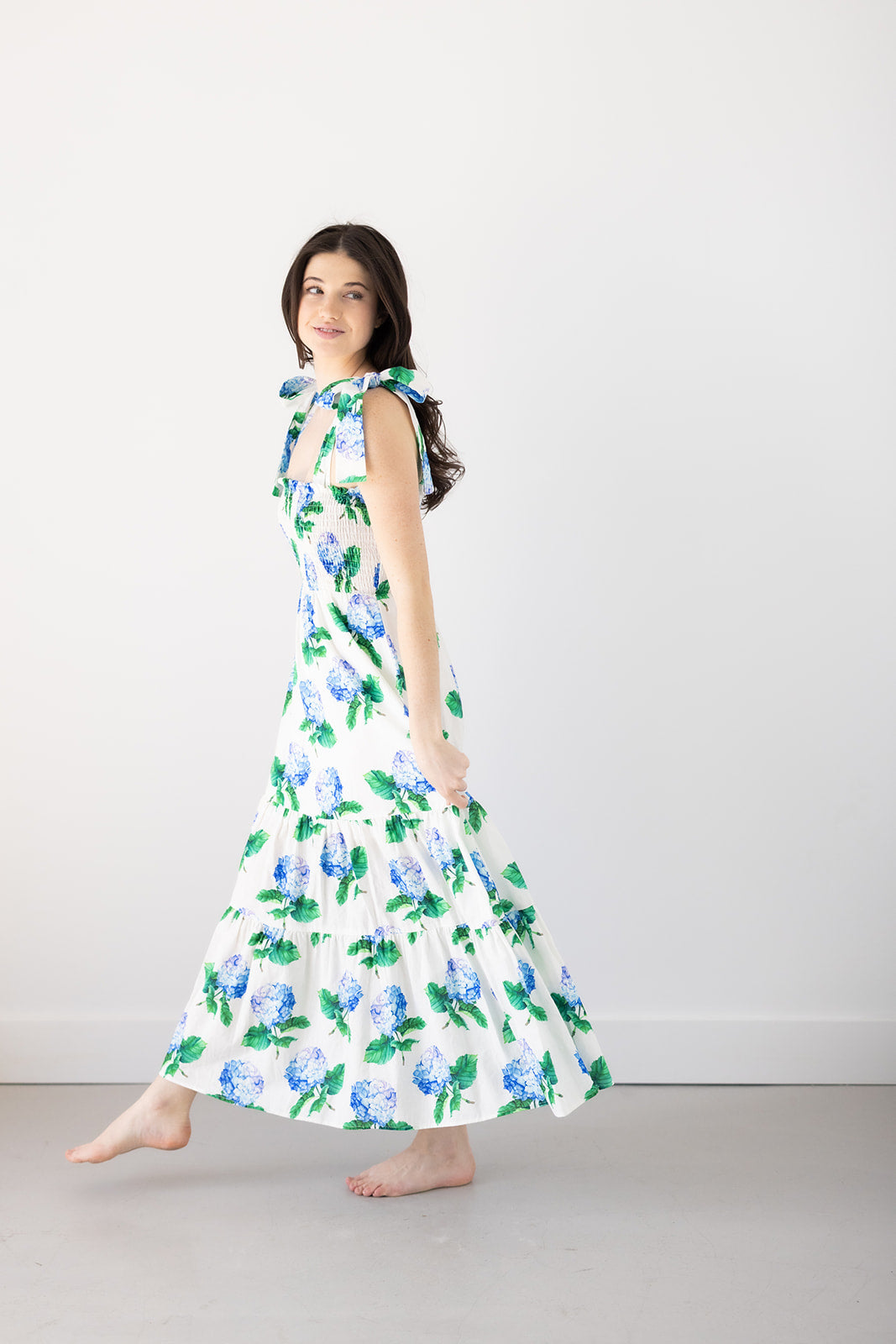 Emma Bow Maxi Dress | Bright Blue Hydrangeas