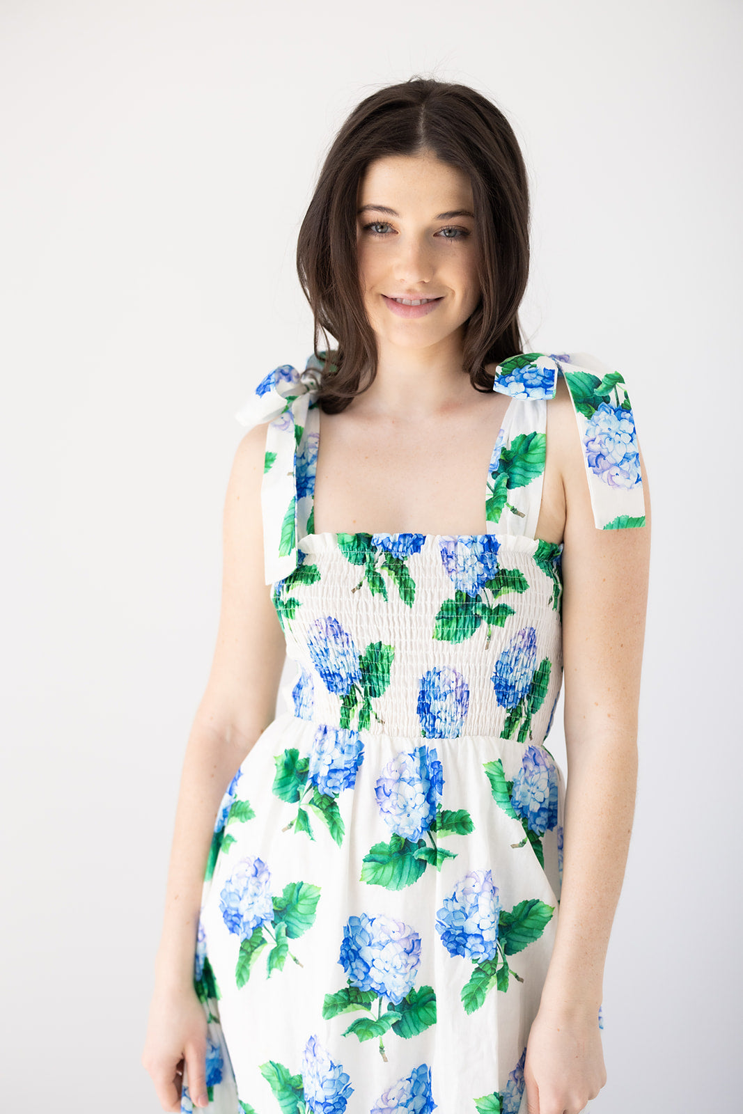 Emma Bow Maxi Dress | Bright Blue Hydrangeas
