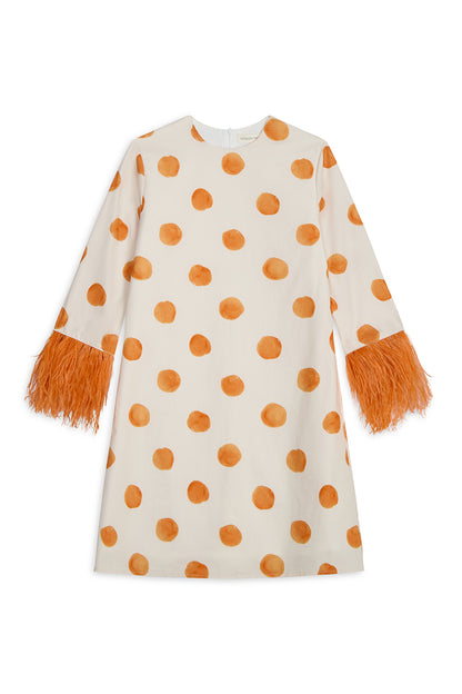 white dress with orange polka dots Eva Feather Dress