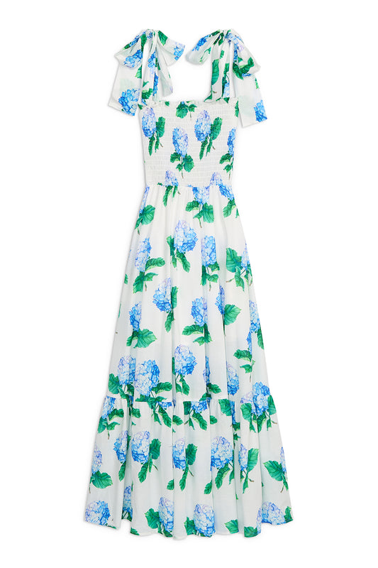 Emma Bow Maxi Dress | Bright Blue Hydrangeas