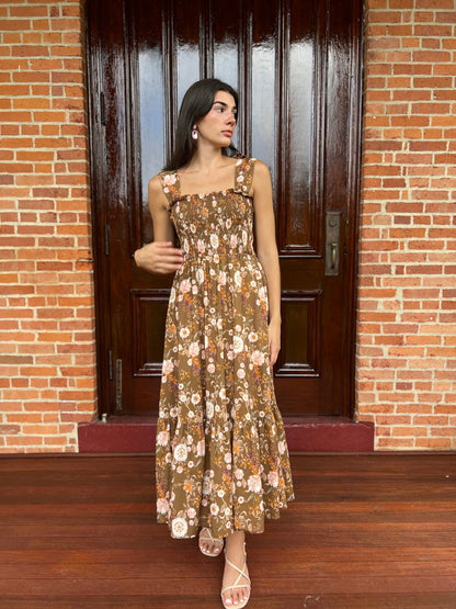 Emma Bow Maxi Dress | Brown Chinoiserie