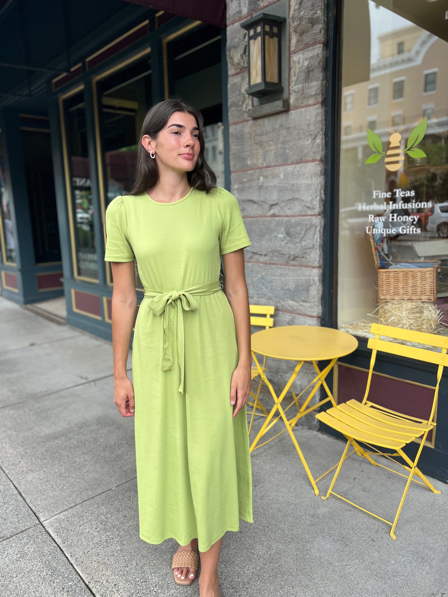 (PRE-ORDER) Puff Sleeve Tee Shirt Dress - Green Cotton Rib