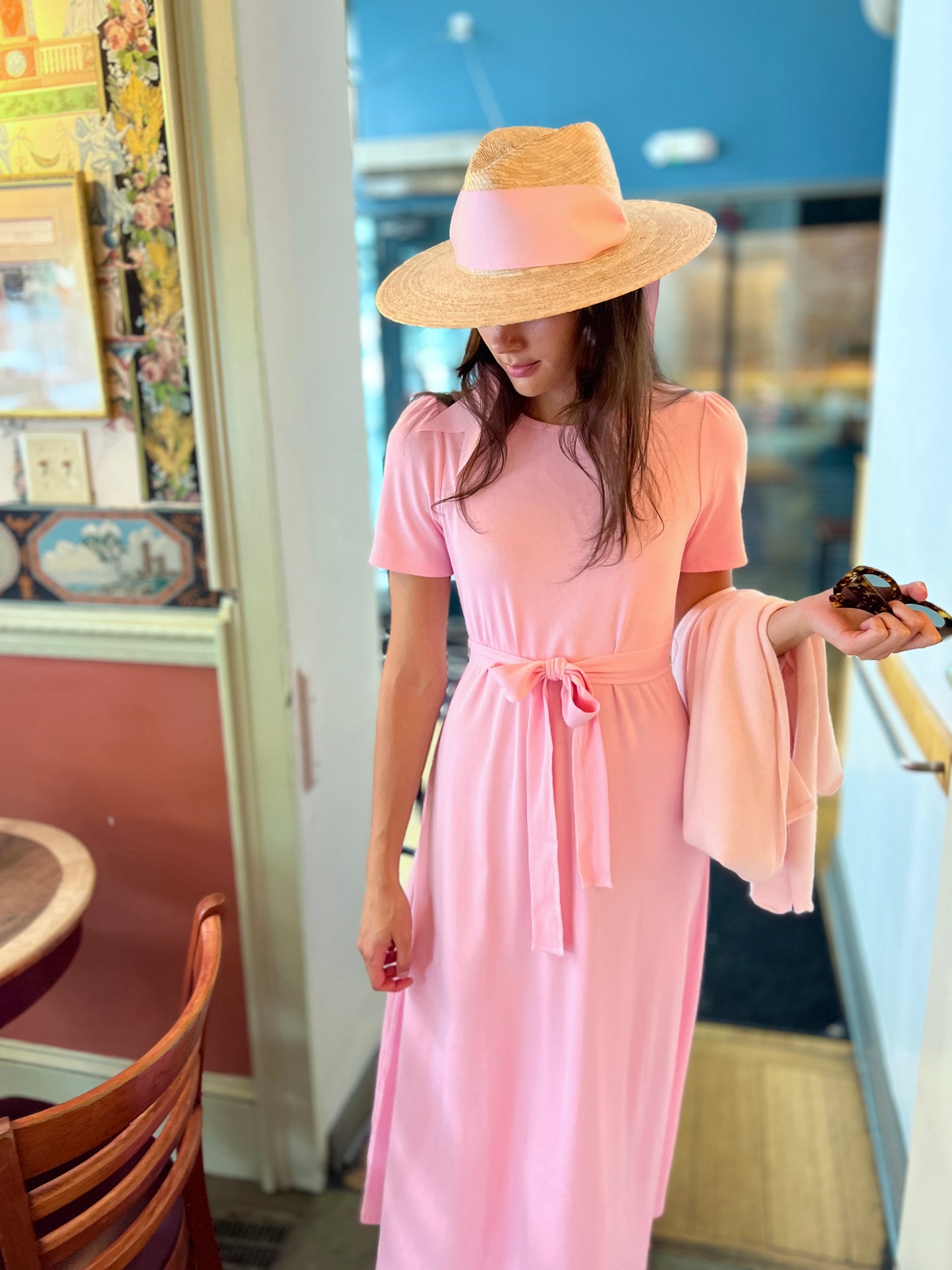 Puff Sleeve Tee Shirt Dress | Pink Cotton Rib