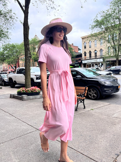 Puff Sleeve Tee Shirt Dress | Pink Cotton Rib