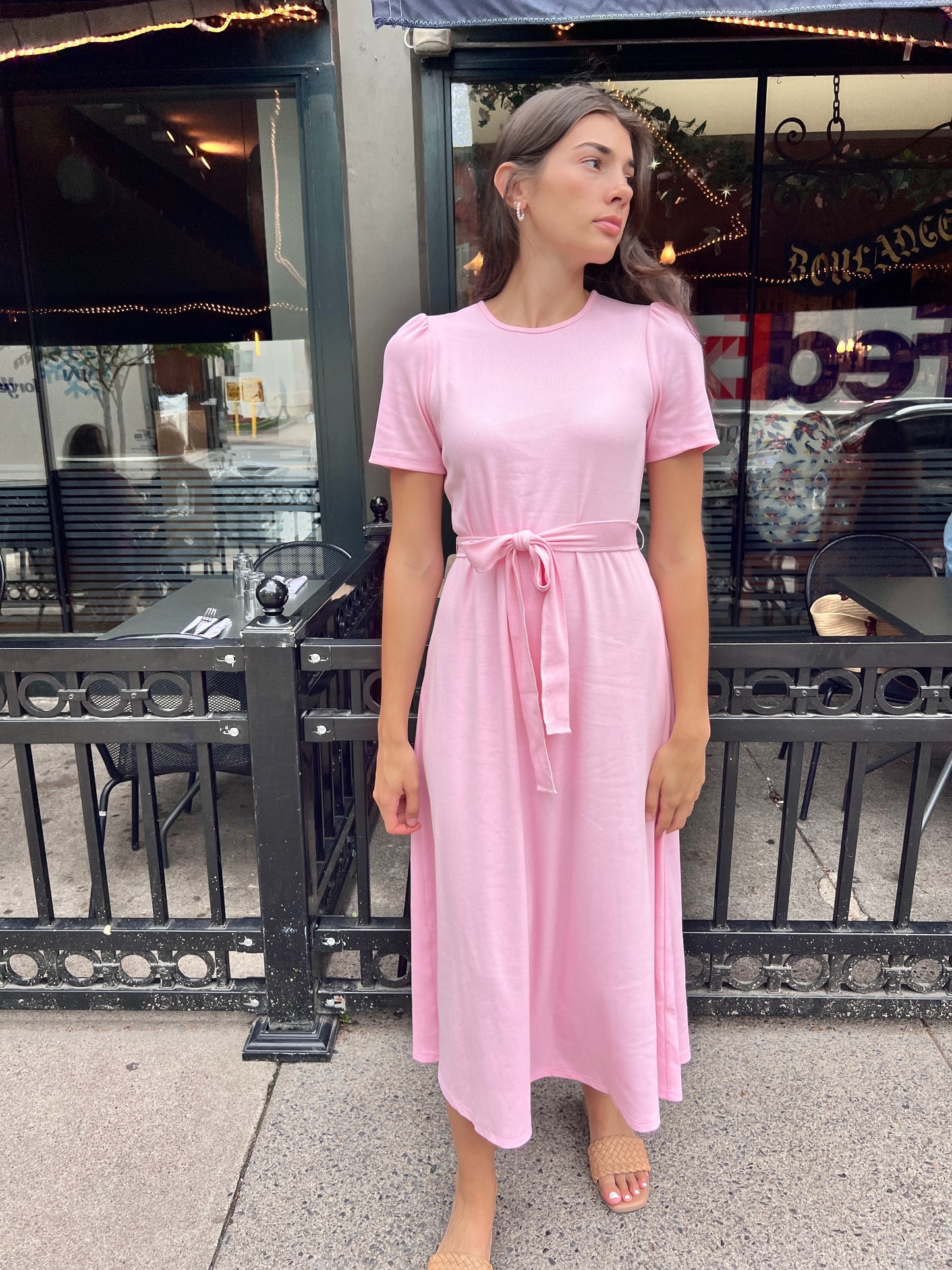 Puff Sleeve Tee Shirt Dress | Pink Cotton Rib