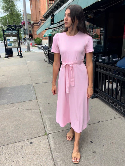 Puff Sleeve Tee Shirt Dress | Pink Cotton Rib