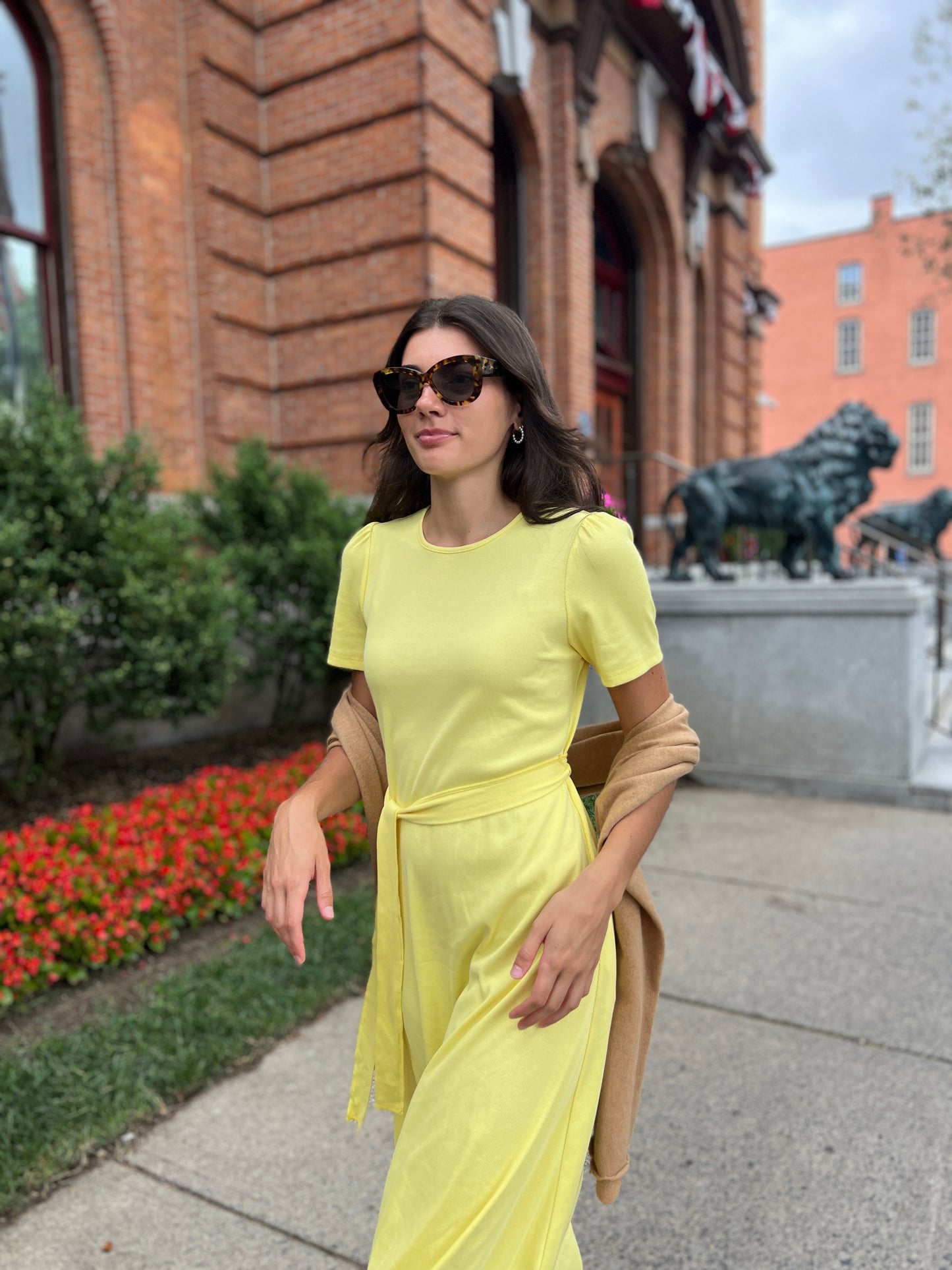 Puff Sleeve Tee Shirt Dress - Yellow Cotton Rib