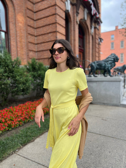 Puff Sleeve Tee Shirt Dress - Yellow Cotton Rib