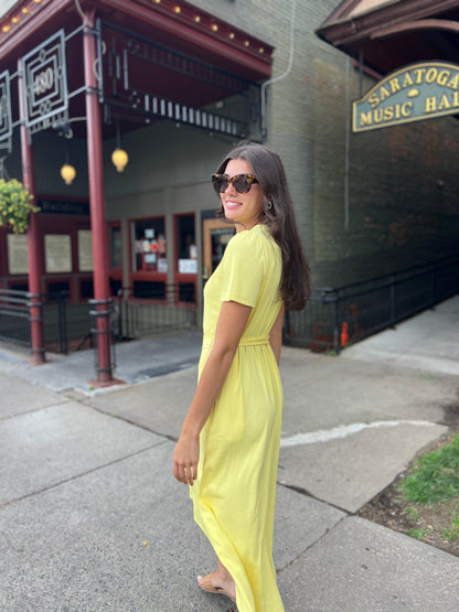 Puff Sleeve Tee Shirt Dress - Yellow Cotton Rib