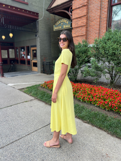 Puff Sleeve Tee Shirt Dress - Yellow Cotton Rib