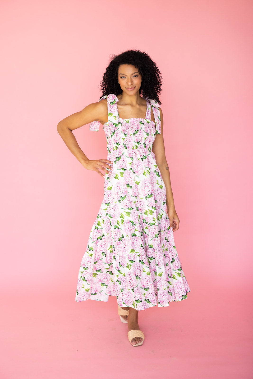 Emma Bow Maxi Dress | Pink Hydrangeas