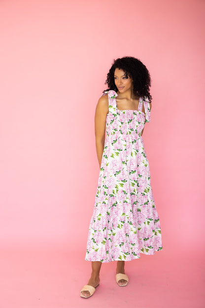 Emma Bow Maxi Dress | Pink Hydrangeas