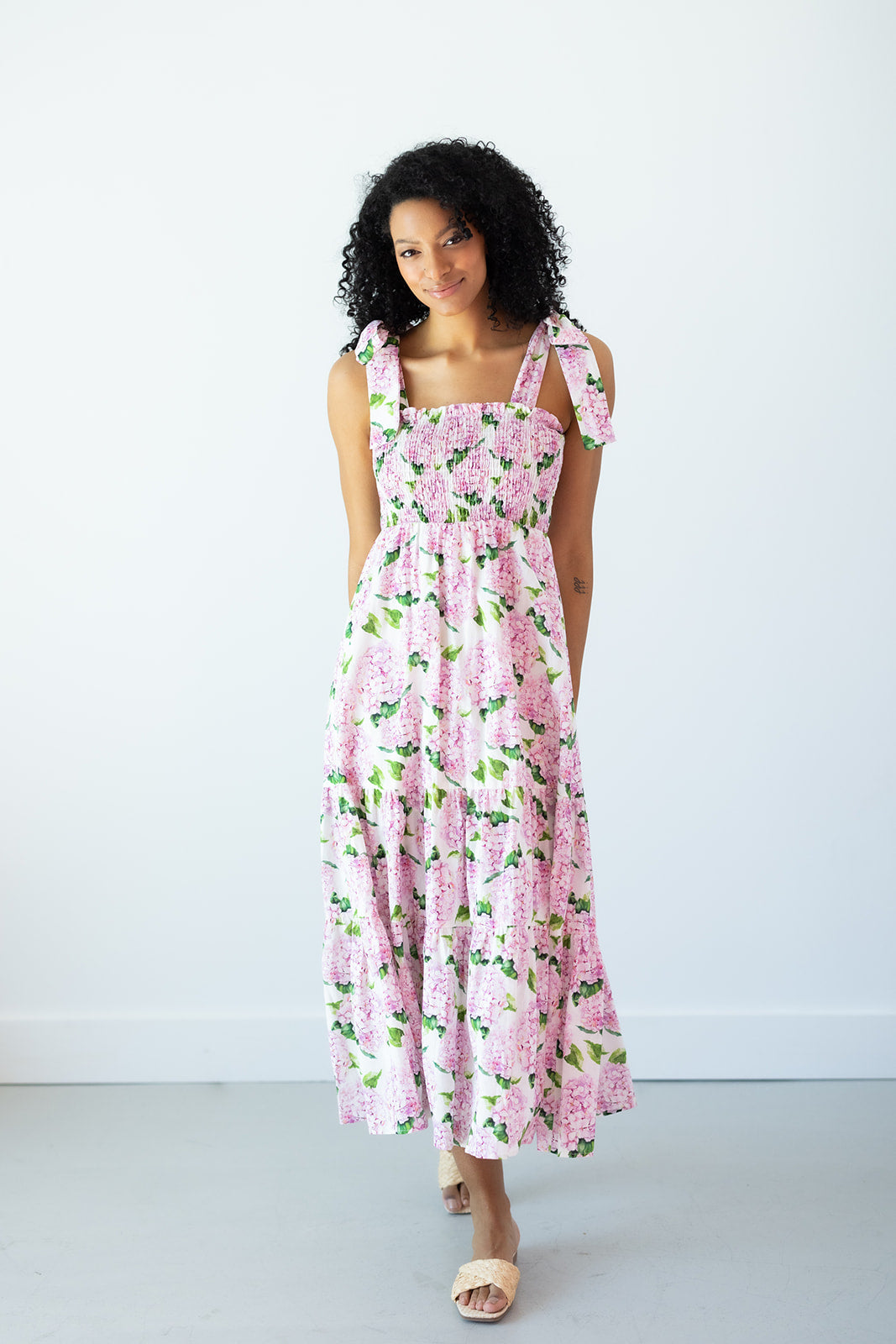 Emma Bow Maxi Dress | Pink Hydrangeas