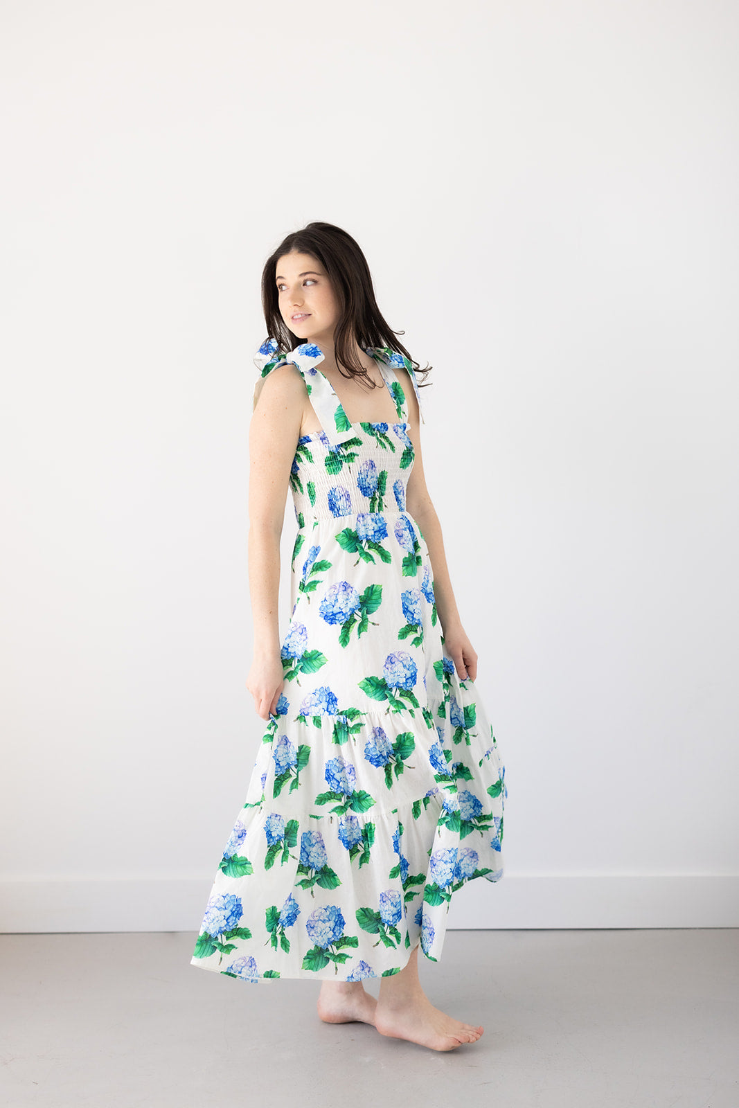 Emma Bow Maxi Dress | Bright Blue Hydrangeas